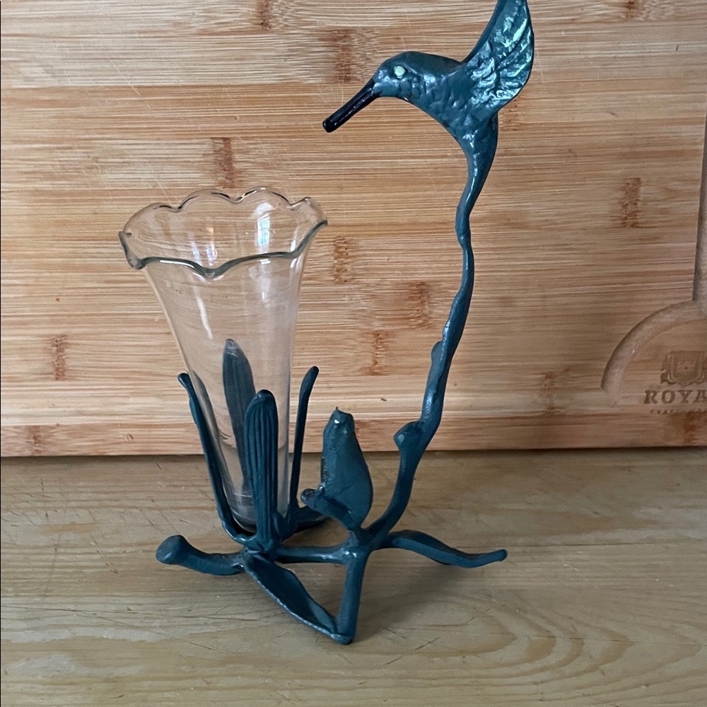 Hummingbird Vintage Glass Vase with Metal Stand
